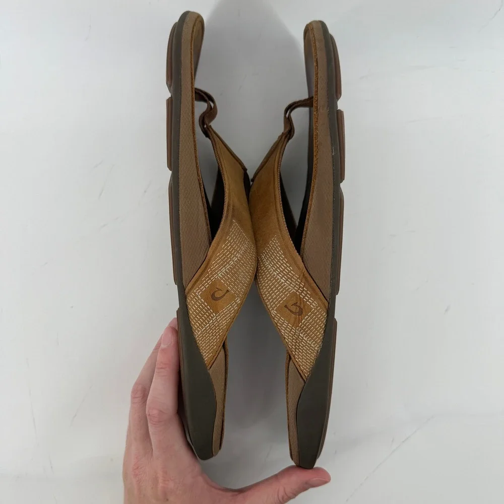 OluKai Tuahine Waterproof Leather Flip Flop Sandals Brown Men 13 Comfort Casual